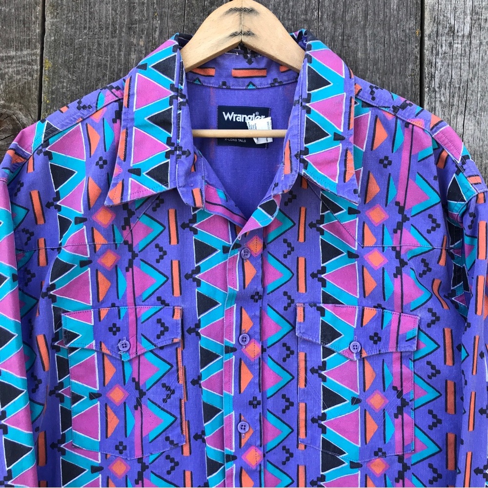 VTG 90s Wrangler Brushpopper Vibrant Southwestern Cowboy Button Up Shirt 18-36